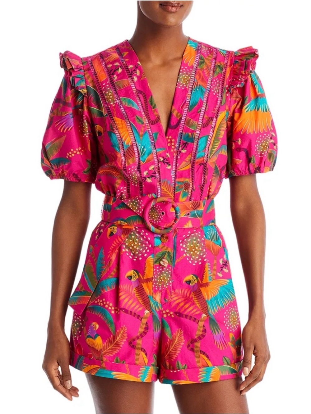 FARM Rio Pink Tropical Print Belted Romper